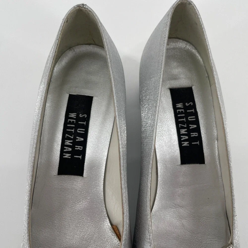 Stuart Weitzman Satin‎ Shoes Women's 7 N Silver Matte Prom Block Heel *READ